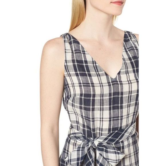Nordstrom Signature Navy/White Plaid Faux Wrap Linen Dress Size 10 - Picture 4 of 11
